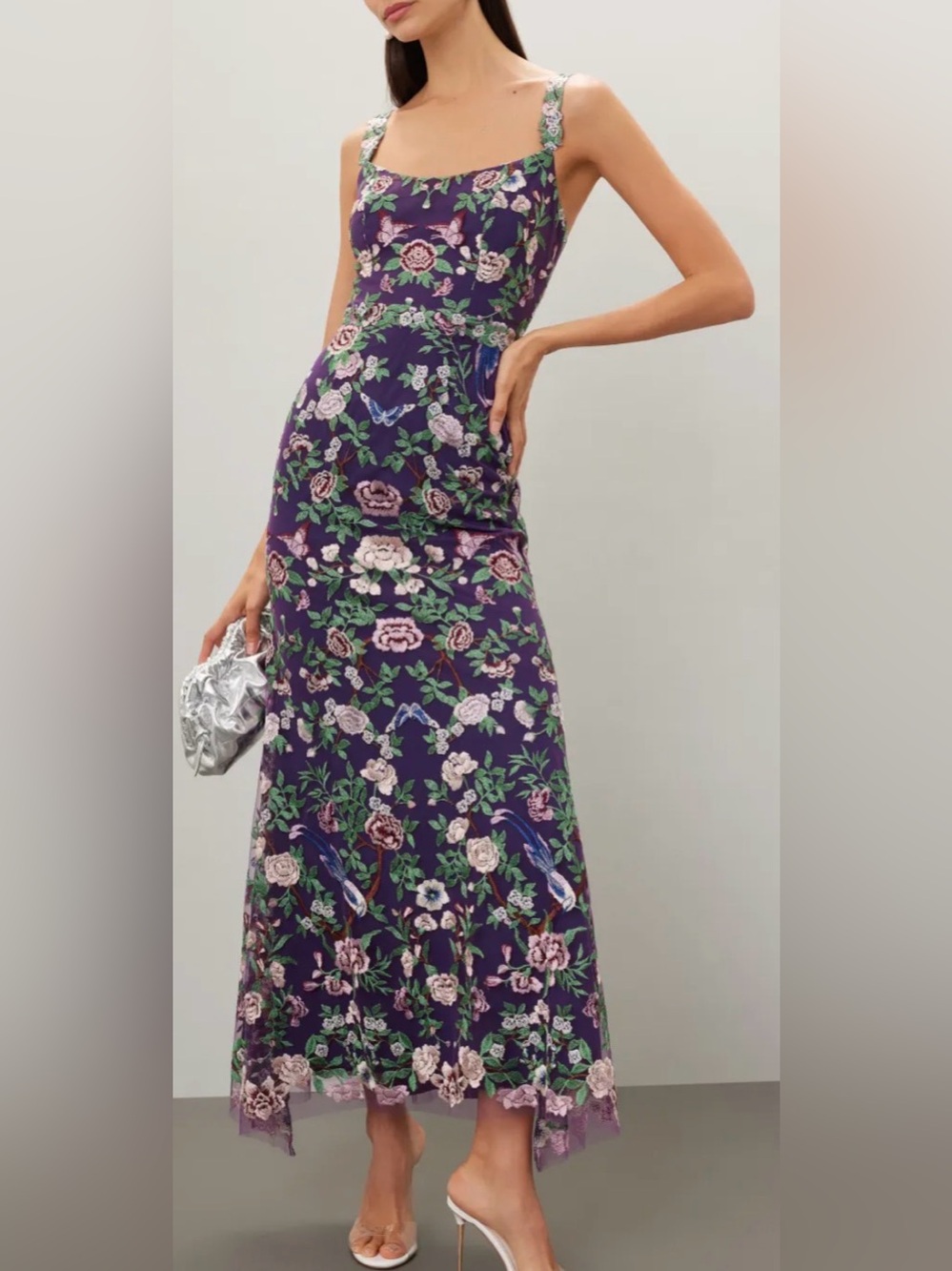 Marchesa Notte Size 14 Embroidered Floral Bird Purple Maxi Gown